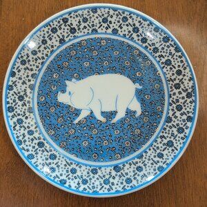 Vintage Japanese Plate Featuring Pig, Blue & White